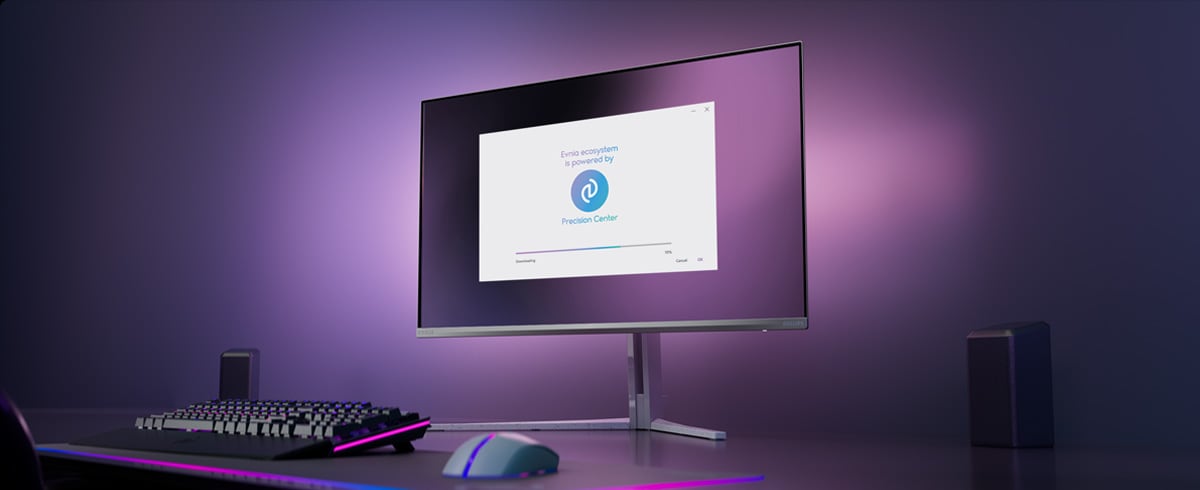 Мониторът Philips Evnia е конфигуриран за Precision Center