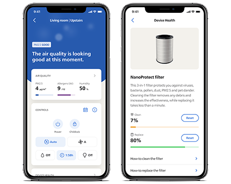 Телефонни екрани с качество на въздуха в приложението Philips Air+