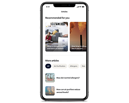 Екран на приложението Philips Air+ с препоръки за статии